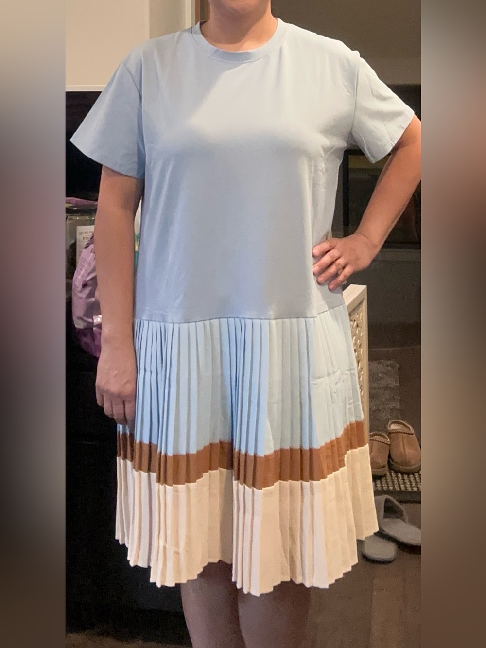 Pleated Colorblock Women’s Dress in Light Blue, Brown & Cream